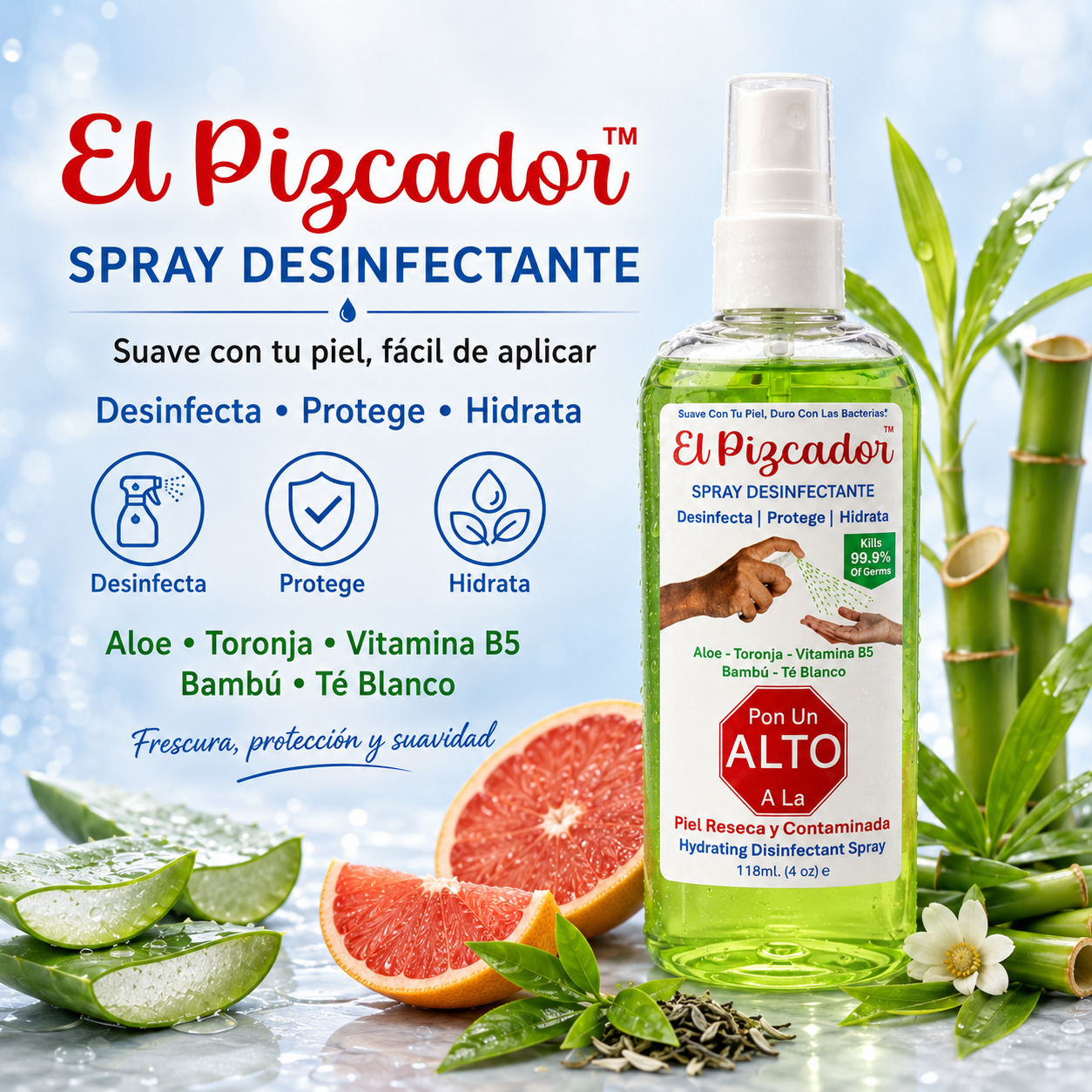 El Pizcador™ Disinfectant Spray
Complete hygiene that moisturizes and protects without burning
Net Wt. 4 oz (118 ml)