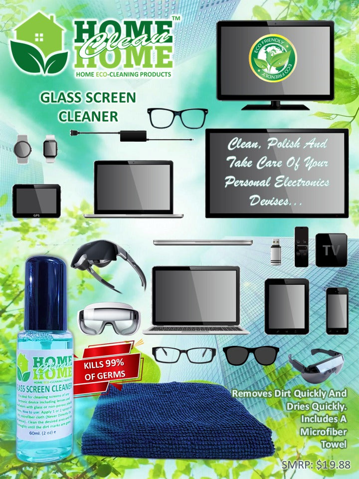 Limpiador para Pantallas y Cristales Home Clean Home – 2 oz con Paño de Microfibra